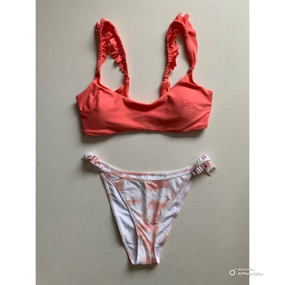 Aerie Large Bikini Set Pink Ruffled Top + Tie-Dye Ruffled Cheekiest Bottom NWT